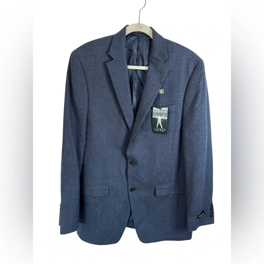 Lauren Ralph Lauren Midnight Blue Plaid 100% Wool Sport Coat Mens Sz 40L NWT